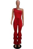 Red Casual Fashion Solid stringy selvedge Asymmetrical Sleeveless one shoulder collar Jumpsui