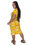 Grey Fashion adult Street White Black Grey Orange Yellow Black Green cartoon Multi-color Cap Sleeve Short Sleeves O neck A-Line Mid-Calf Print Patchwork Ombre bandage Colouring Dresses