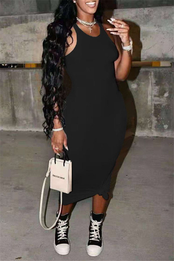 Black Fashion Casual Solid Basic O Neck Vest Dress