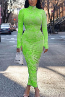 Fluorescent green OL Long Sleeves Turtleneck Hip skirt Ankle-Length Print Draped Dresses