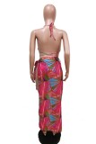 Orange Sexy Print Backless Swimwears Three-piece Set