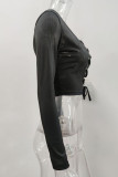 White Sexy Solid Bandage Hollowed Out Patchwork U Neck Tops