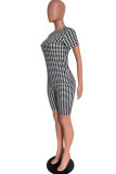 Black Fashion Casual Print Basic O Neck Short Sleeve Two Pieces
