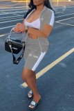 Grey Casual Sportswear Letter Embroidered Patchwork Zipper Collar Short Sleeve Two Pieces