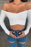 Red One word collar Long Sleeve Solid Slim fit Patchwork crop top 