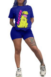 Blue Fashion adult OL Patchwork Print Character Two Piece Suits Straight Short Sleeve Two Pieces