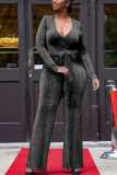 Silver Sexy Solid Patch V Neck Regular Jumpsuits