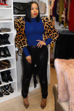 Wine Red Nylon O Neck Long Sleeve Leopard Print Patchwork Slim fit 