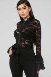 Black Sexy Fashion Ruffled Patchwork Solid Long Sleeve O Neck Playsuits