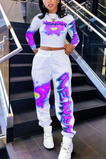 purple Fashion Casual Adult Print Patchwork O Neck Long Sleeve Regular Sleeve Short Two Pieces