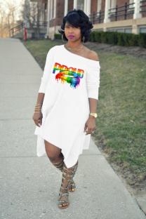 White adult Fashion Sexy One Shoulder Long Sleeves one shoulder collar Swagger Mid-Calf Print Ch