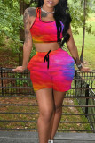 Red Casual Sportswear Print Vests U Neck Sleeveless Two Pieces