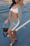 Grey Casual Sportswear Letter Embroidered Patchwork Zipper Collar Short Sleeve Two Pieces