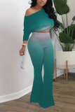 Baby Blue Sexy Gradual Change Patchwork One Shoulder Half Sleeve Two Pieces