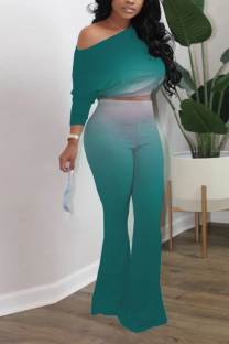 Black Green Sexy Gradual Change Patchwork One Shoulder Half Sleeve Two Pieces