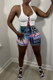 Blue Fashion Casual Print Basic Regular High Waist Shorts