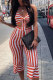 Orange Elastic Fly Mid Striped Loose Pants Two-piece suit