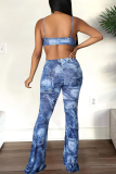 Tibetan Blue Sexy Print Hollowed Out Spaghetti Strap Boot Cut Jumpsuits