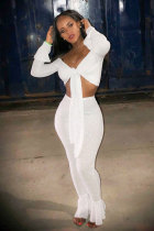 White Elastic Fly Long Sleeve Mid Solid Boot Cut Pants Two-piece suit