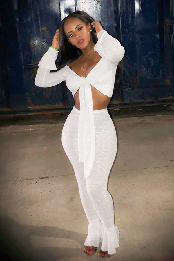 White Elastic Fly Long Sleeve Mid Solid Boot Cut Pants Two-piece suit