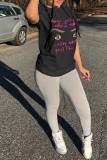 Grey Fashion Casual Print Basic O Neck T-Shirts