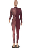 Black Fashion Sexy Patchwork See-through Turtleneck Skinny Jumpsuits