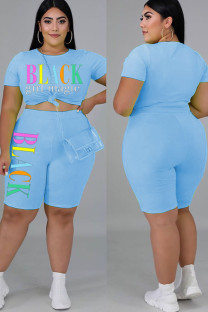 Light Blue Fashion Casual O Neck Letter Print Two Piece Suits Stitching Plus Size