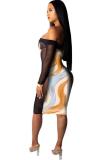 multicolor adult Fashion Sexy Off The Shoulder Long Sleeves One word collar Step Skirt Knee-Length Pr