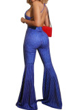 Blue Fashion Sexy Striped Sleeveless V Neck Jumpsuits