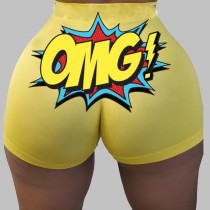 Yellow Casual Sportswear Print Basic Skinny Shorts