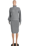 Grey Sexy Solid Two Piece Suits pencil Long Sleeve
