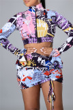 Blue Fashion Sexy Print Draw String Long Sleeve Four-piece Set