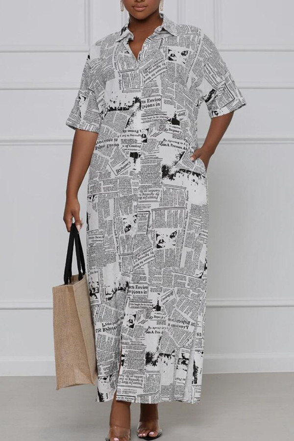 White Casual Print Patchwork Turndown Collar Shirt Dress Dresses