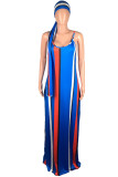 Blue Fashion Street White Blue Orange Yellow Light Blue Dark Blue Spaghetti Strap Sleeveless Slip Swagger Floor-Length Striped Print Dresses