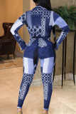 Blue Fashion Sexy Geometric V Neck Long Sleeve Flare Sleeve Two Pieces
