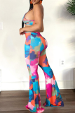 Tibetan Blue Sexy Print Hollowed Out Spaghetti Strap Boot Cut Jumpsuits