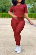 Wine Red Casual Solid Patchwork O Neck Short Sleeve Two Pieces