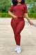 Wine Red Casual Solid Patchwork O Neck Short Sleeve Two Pieces