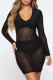 Black Fashion Sexy Hot Drilling See-through V Neck Long Sleeve Dresses