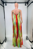 Red Fashion Sexy Print Backless Spaghetti Strap Long Dress