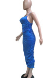 Blue Fashion Sexy White Black Blue Spaghetti Strap Sleeveless Slip Pencil Dress Mid-Calf Solid backless asymmetrical Dresses