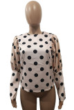 Apricot O Neck Puff sleeve Dot Patchwork Print asymmetrical Tops
