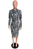 Black England Long Sleeves O neck Pencil Dress Mid-Calf Print zebra Dresses