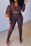 Coffee Fashion Casual Solid Slit Fold Zipper Collar Long Sleeve Two Pieces