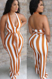Black Fashion street Striped Backless Sleeveless V Neck Jumpsuits