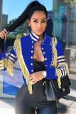 Blue cardigan Embroidery tassel Solid Button Others Long Sleeve 