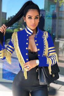 Blue cardigan Embroidery tassel Solid Button Others Long Sleeve 
