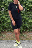 Black Fashion Casual Letter Print Basic O Neck Short Sleeve Two Pieces