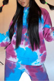 Blue Sportswear Spandex Blends Print Draw String Tie-dye Hooded Collar Long Sleeve Regular Sleeve Regular Two Pieces
