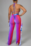 Yellow Fashion Sexy Print Backless Strap Design Halter Sleeveless Three-piece Set